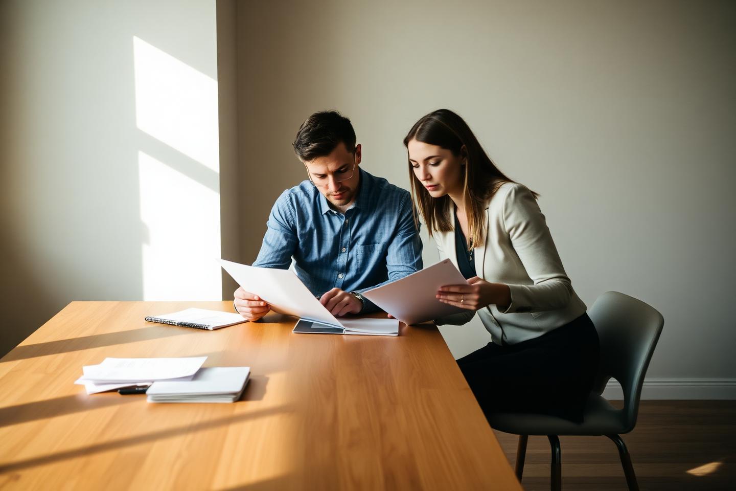 Two consultants reviewing notes at a wooden table