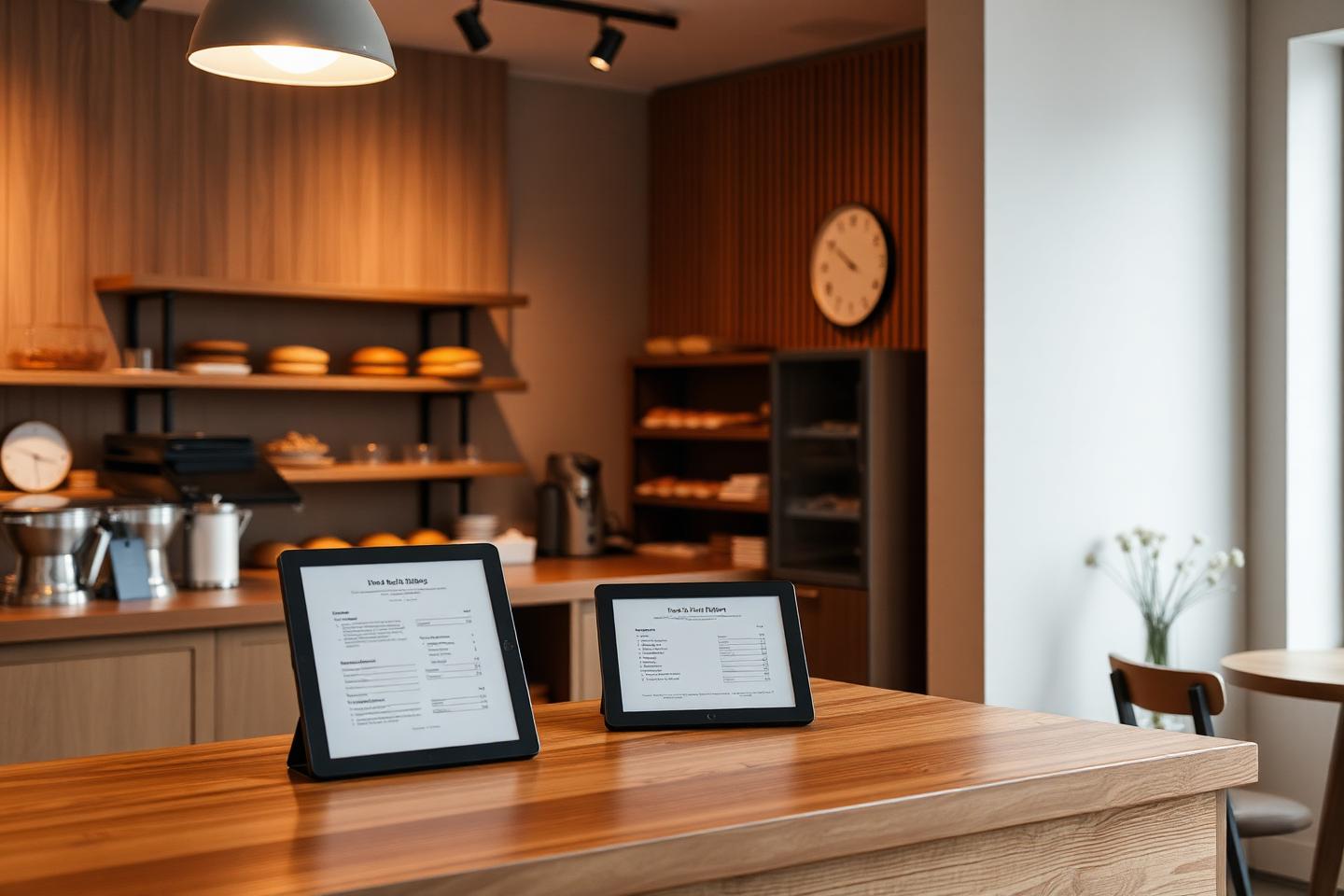 Boutique bakery interior with inventory tablet