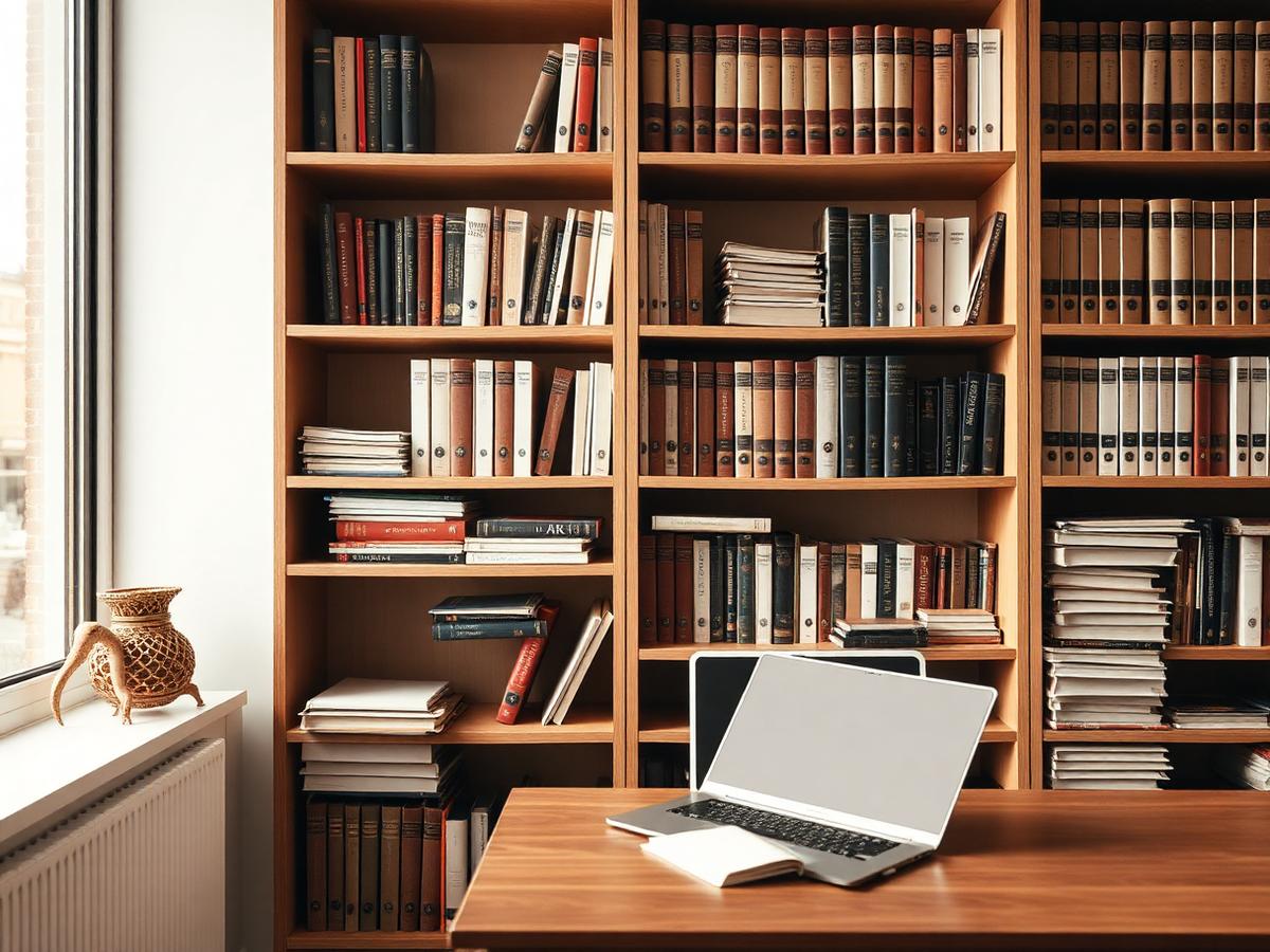 Law firm bookshelf with laptop