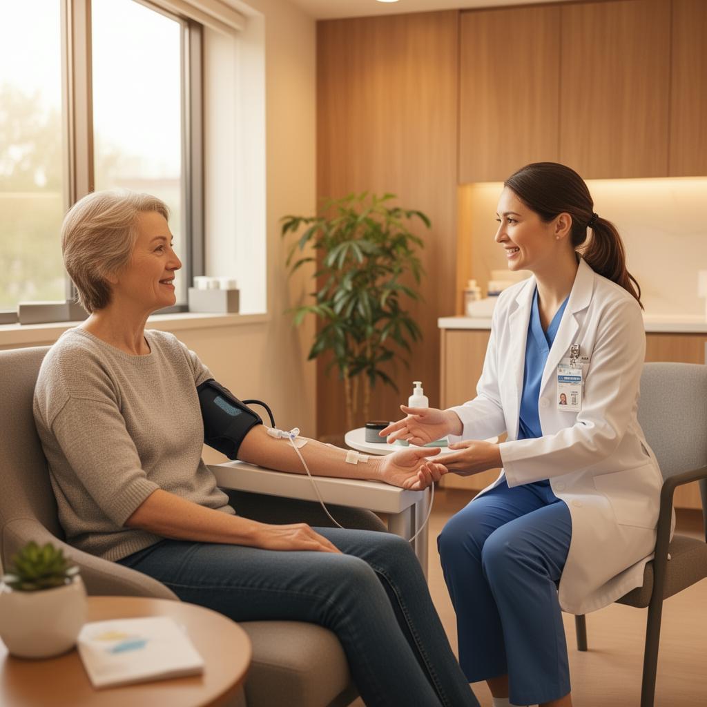 Patient receiving IV treatment in a warm inviting clinic setting with doctor interaction